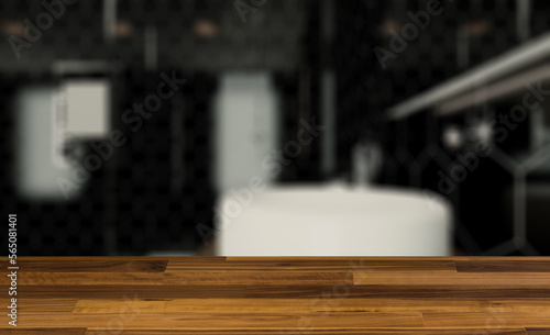 Clean and fresh bathroom with natural light. 3D rendering.. Background with empty wooden table. Flooring.