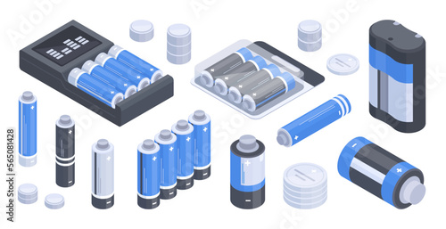 Isometric charged batteries. Alkaline accumulators, power electricity elements flat vector illustration on white background