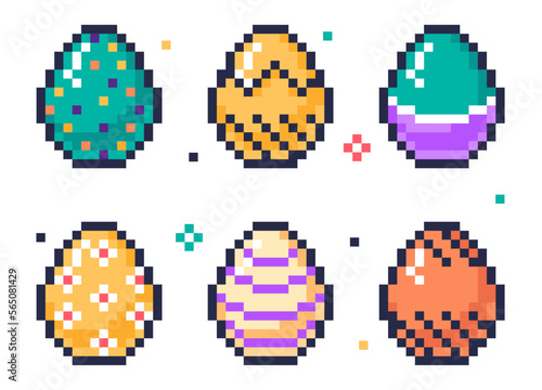 Pixel art arcade game eggs. Easter pixel 8 bit eggs, painted chicken eggs, chicken egg hunt game flat vector illustration set on white background