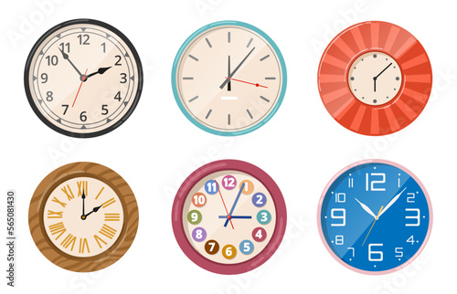 Cartoon round watches. Electronic wall clock, mechanical vintage clock faces, digital timepieces and quartz interior chronometers flat vector illustration set