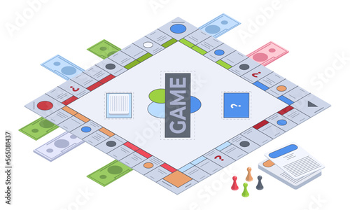 Isometric table game. Recreation 3d board gambling, monopoly game vector illustration on white background