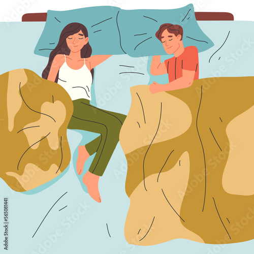 Sleeping resting couple. People lying in bed, tired asleep characters in bed isolated flat vector illustration