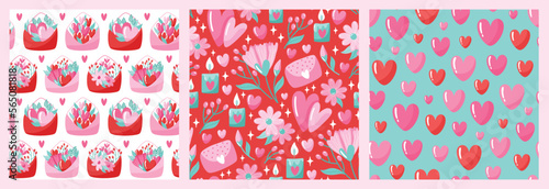 Wallpaper Mural Set of hand-drawn seamless pattern with flowers and hearts. Creative stylish background for Valentine Day. Colorful floral illustration for paper and gift wrap. Fabric print modern design. Torontodigital.ca