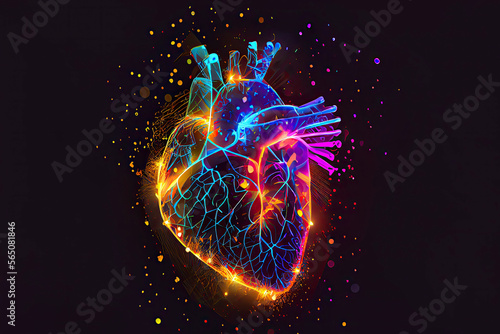 Glowing human heart vector illustration made of neon particles. Bright magic heart health concept