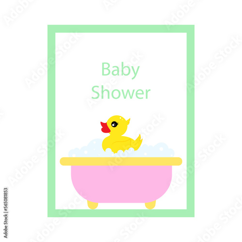 Vector postcard with a rubber duckling in the bathroom. Baby shower.