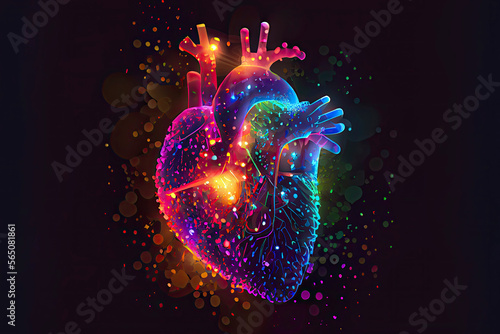 Glowing human heart vector illustration made of neon particles. Bright magic heart health concept