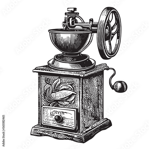 Retro coffee grinder hand drawn sketch in doodle style Vector illustration.