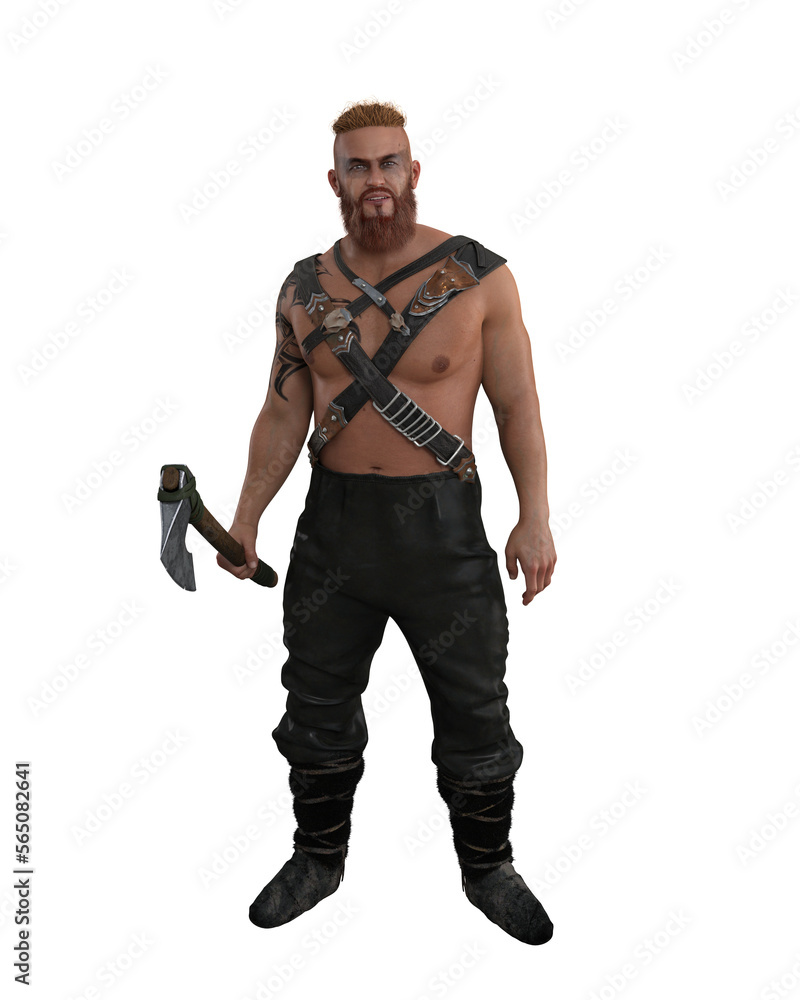 Fantasy barbarian Viking warrior man standing with bearded axe in habd. Isolated 3D rendering. Fantasy barbarian Viking warrior man standing with bearded axe in habd. Isolated 3D rendering.