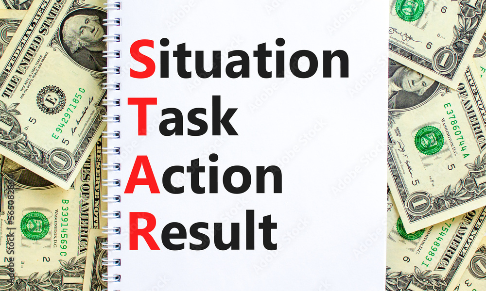 STAR situation task action result symbol. Concept words STAR situation task action result on white note on beautiful white background. Business STAR situation task action result concept. Copy space