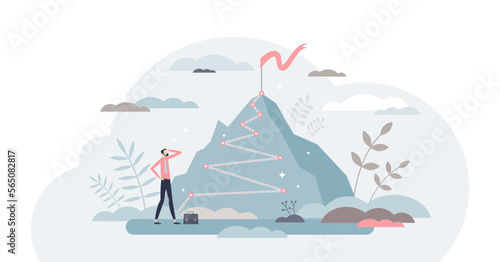 Career success as up direction for work rise achievement tiny person concept, transparent background. Successful job development and growth direction as mountain climbing metaphor illustration.