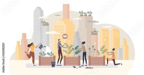 City gardening as plants agriculture ir urban environment tiny person concept, transparent background. Ecological, organic and sustainable farming lifestyle in parks.