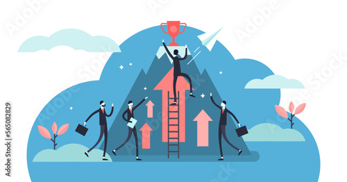 Competition illustration, transparent background. Flat tiny business persons goals concept. Success symbol for professional leader direct achievement award.