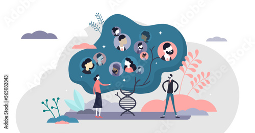 DNA genetic human family tree information research concept, flat tiny persons illustration, transparent background. Creative genome structure abstract graphic visualization.