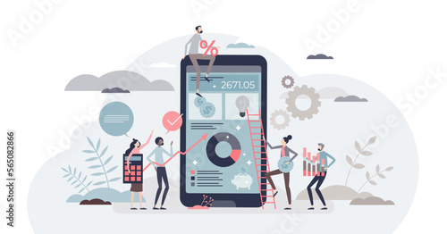 Financial planning app for earnings and expenses control tiny person concept, transparent background.Money management mobile app with bank calculations and analysis data illustration.