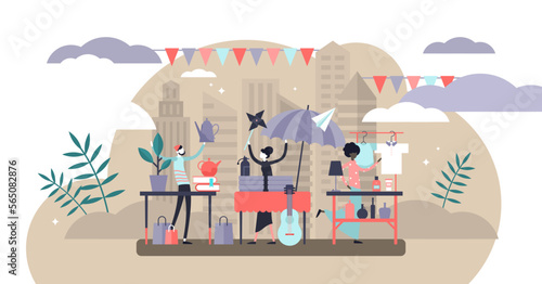 Flea market illustration, transparent background. Flat tiny swap meet event persons concept. Ancient product collection bazaar in household event. Urban street fair.