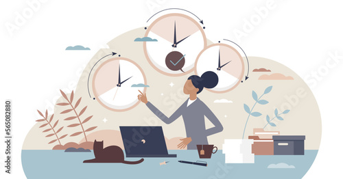 Flexible work with adjustable scheduled working hours tiny person concept, transparent background. Time management based on personal choice to be effective and productive illustration.