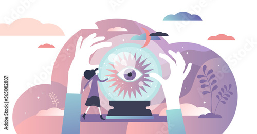 Fortune telling illustration, transparent background. Divination flat tiny persons concept. Symbolic crystal ball with sacred eye as spiritual therapy tradition.