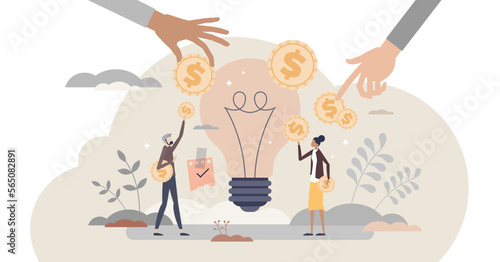 Fundraising as gathering voluntary financial contribution tiny person concept, transparent background. Innovative startup business money support from community illustration.