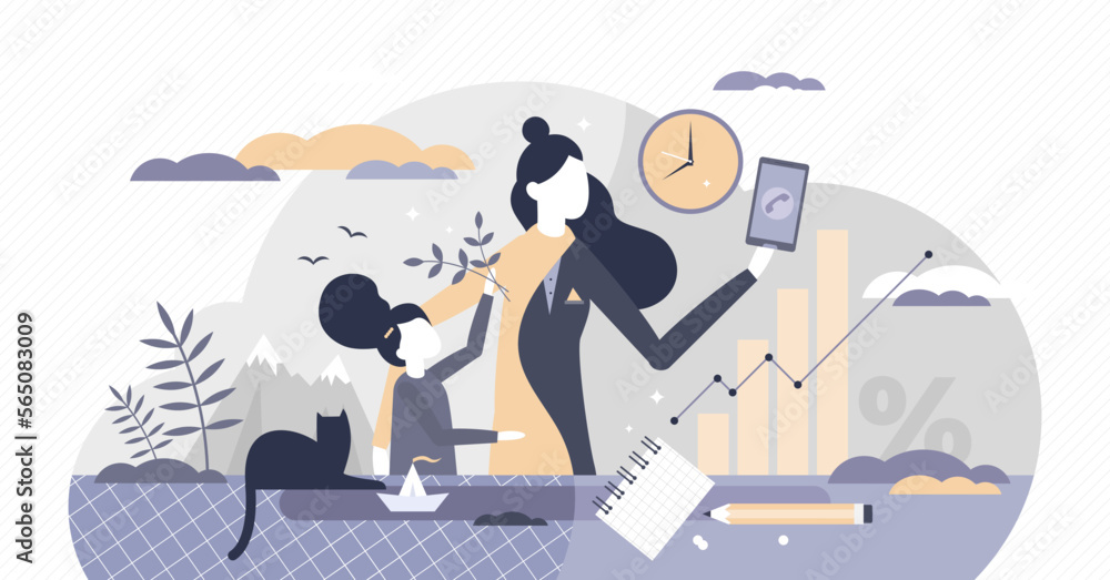 Work life balance for female as children or career choice tiny person concept, transparent background. Mother with kids and phone call from job illustration.