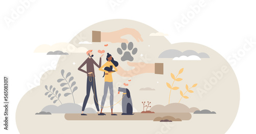 Adopting pet as giving homeless dog or cat shelter home tiny person concept, transparent background. Animal protection and loving by family or couple illustration. Take care about lost kittens.