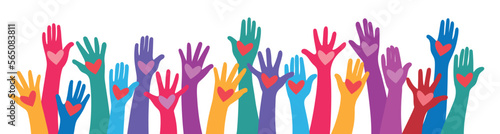 Human hands Raised up with red hearts.