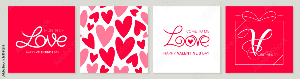 Happy Valentine's Day Trendy Greeting Cards. Red Background Abstract Square Art Templates. Seamless Hand Drawn Hearts Textures. Great for Printing Cards, Social Media Posts, etc.