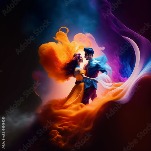 embrance man and woman in colorful magic and mystical world. Couple lovers dancing in beautiful dream landscape. Concept love. Illustration. Generative ai photo