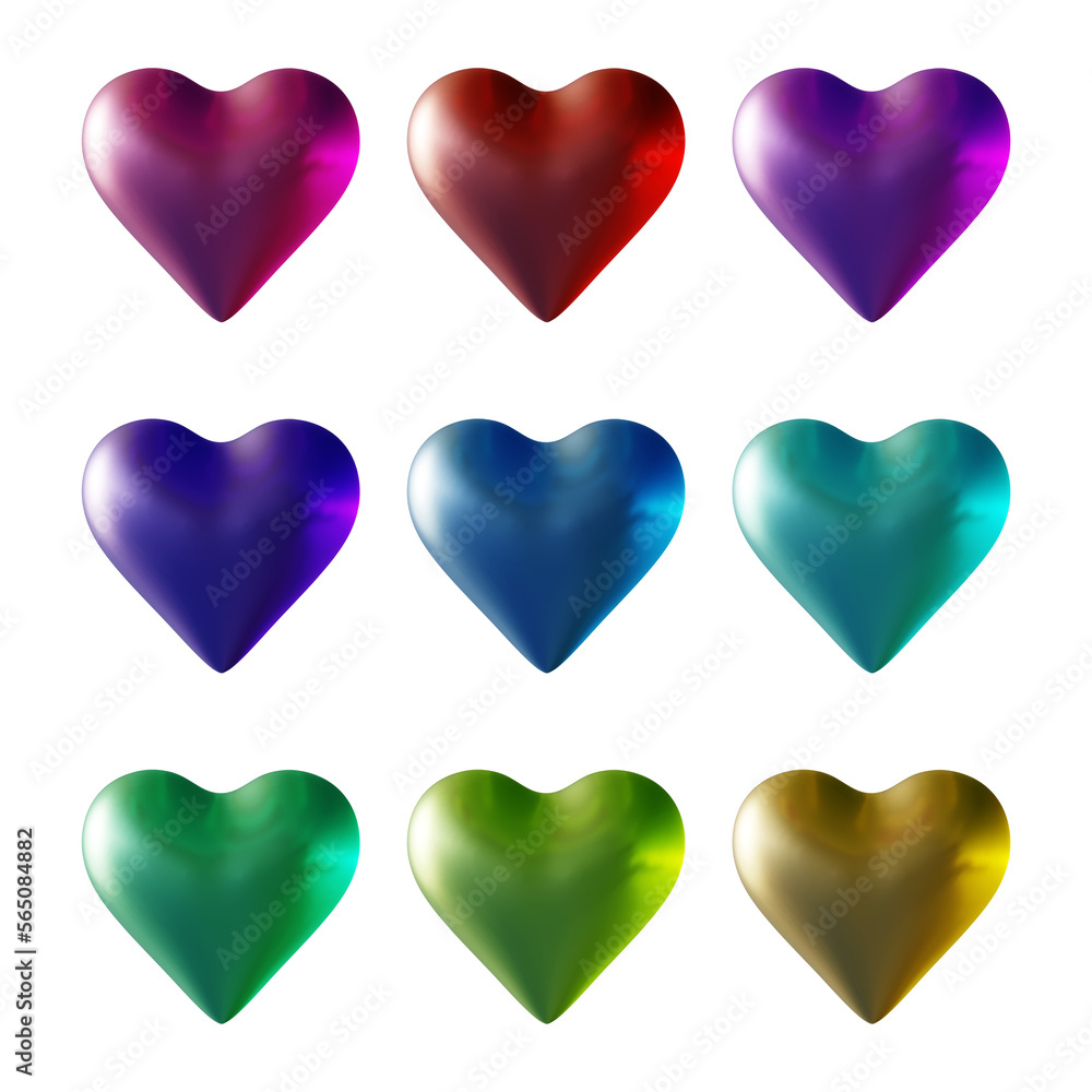 Set of heart icons or love symbol shapes in 3d rendering