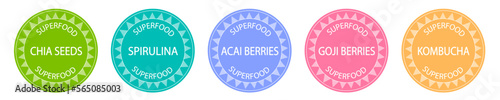 Set of superfood labels: chia seeds, spirulina, goji berries, acai berries and kombucha. Antioxidants and vitamins natural source	
