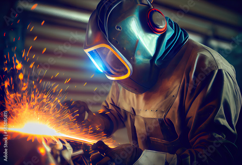 Industrial worker with protective mask welding inox elements in steel structures manufacture workshop