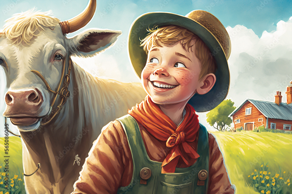 Illustration for children's book depicting an cute baby farmer AI