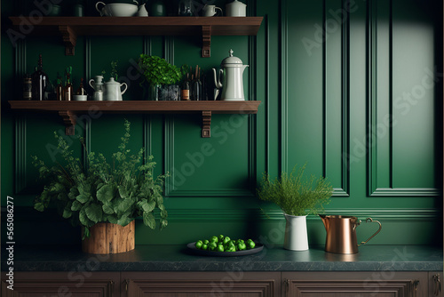 green wall panelling with wooden shelf in kitchen