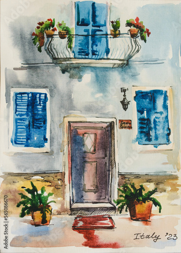 Illustration. Watercolor drawing. The facade of a house in Europe with a blue door and shutters. Balcony with flowers