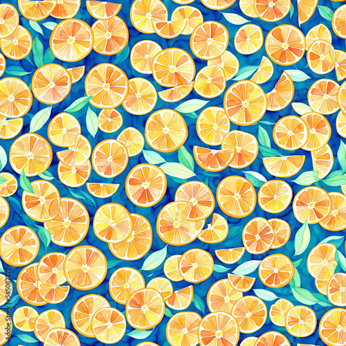 Orange Slices with Green Leaves Seamless Pattern for Print. Generative AI