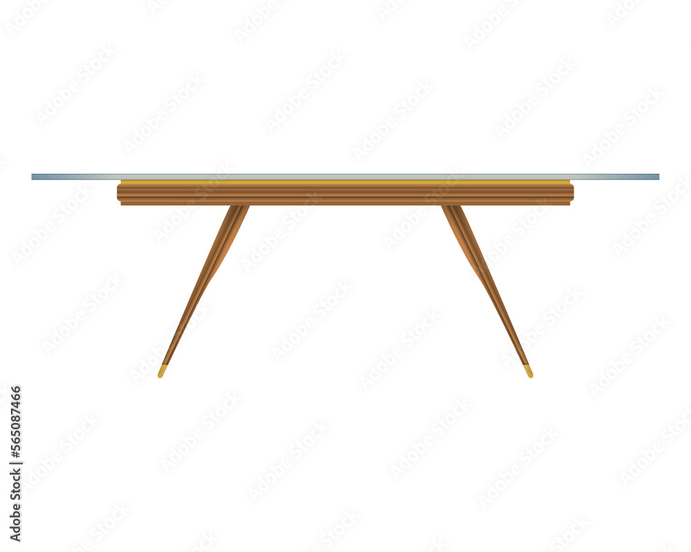 Glass tabletop wood table front view in realistic style. Transparent table top. Home wooden furniture design. Colorful PNG illustration.