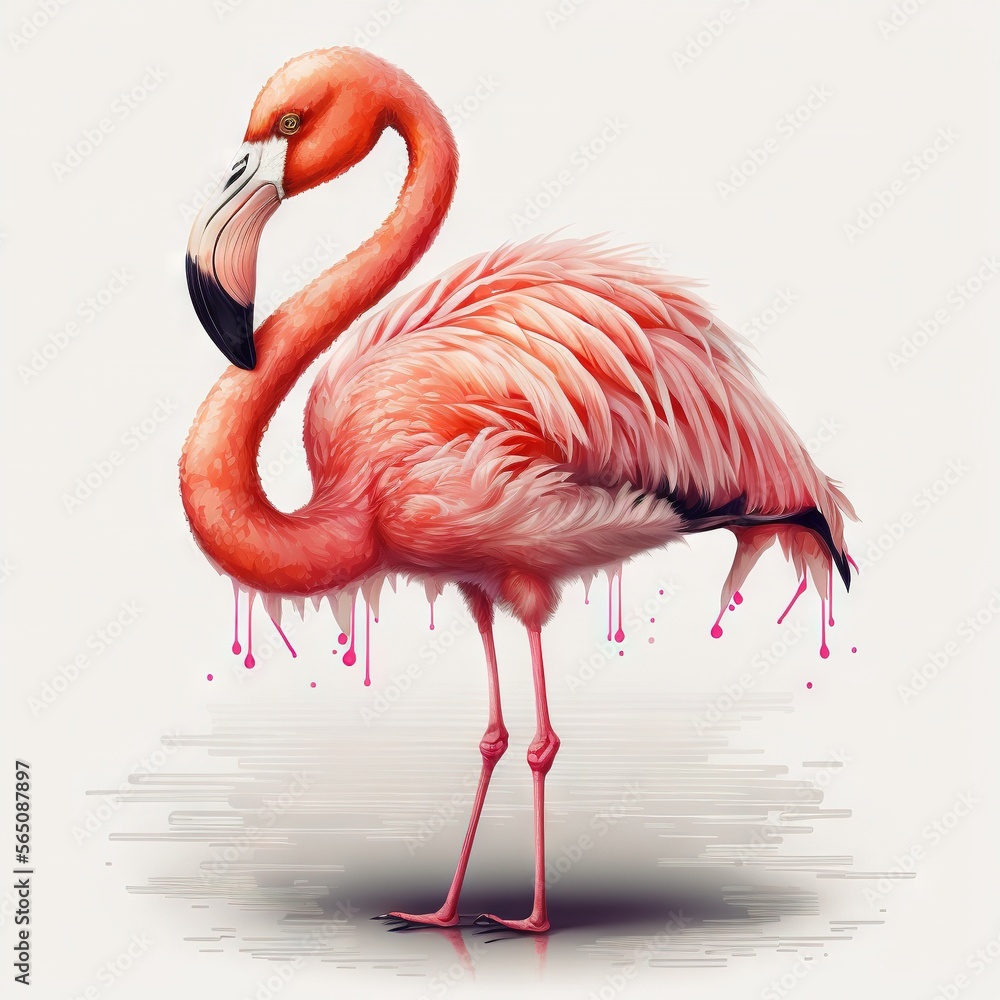 a flamingo standing in a puddle of water with its head turned to the ...