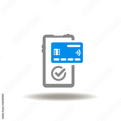 Vector illustration of smartphone with credit card and check mark. Icon of online mobile pay. Symbol of payment