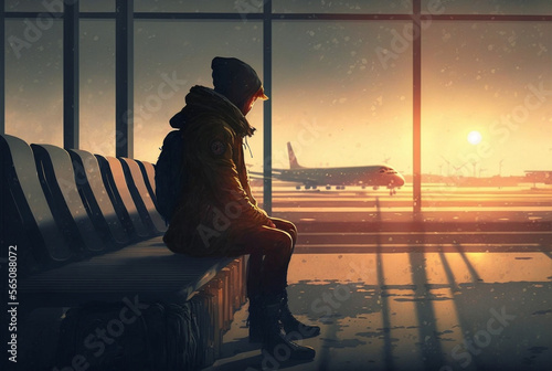 a young person or a child sits at the gate or departure hall at an airport and looks at an airplane taxiing on the runway. Generative AI