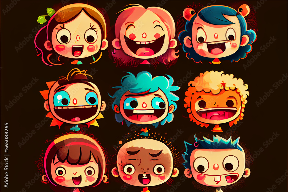 Many children's faces expressing cheerful and surprised emotions. Abstract illustration. Many children's faces expressing cheerful and surprised emotions. Abstract illustration.