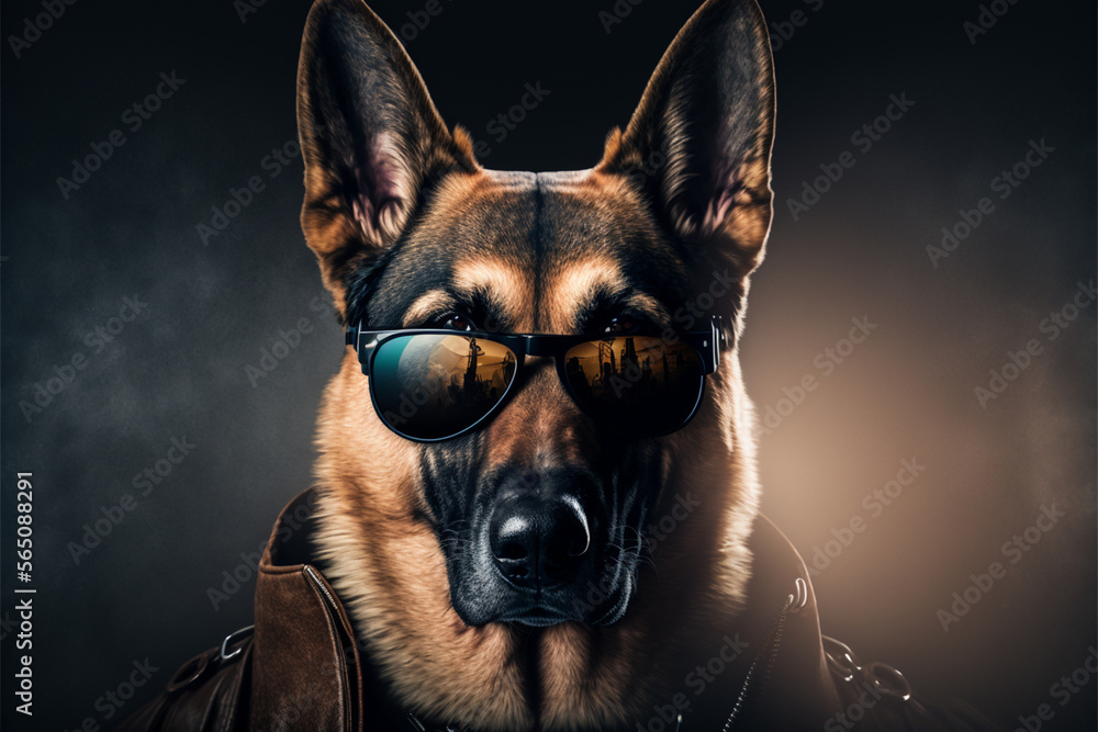 Portrait of a German Shepherd dog wearing a jacket and sunglasses. Generative ai Portrait of a German Shepherd dog wearing a jacket and sunglasses. Generative ai