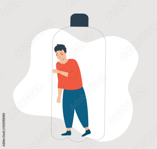 Sad man locked inside a bottle. Influence of drug addiction on mental health. Prisoner person suffers from Inequality. Concept of restrictions on human rights or freedoms in society. 