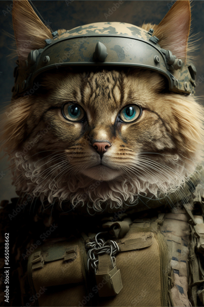 Um gato, aprendendo com roupa militar. Gato soldado. Generative ai Um gato, aprendendo com roupa militar. Gato soldado. Generative ai