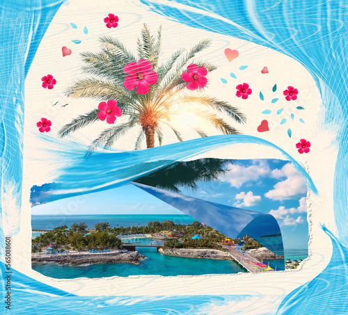 An aerial view of Cococay, the island at Bahamas, where guests can spend the day having fun. Art design or collage with tropic flowers photo