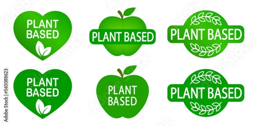 Set of plant based vegan food product labels. Green heart-shaped stamp. Logo or icon. Diet. Sticker. Vegetarian. Organic 