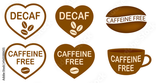 Set of caffeine free stamps. Caffeine free mug-shaped logo. Stamp or icon. Brown label. Healthy drinks. Beverage. Herbal tea. Cup. Decaf heart-shaped logo. photo