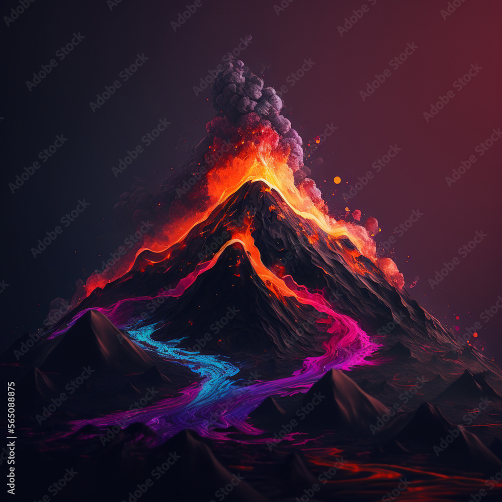 Abstract volcanic eruption illustration with glowing neon lava flow. Generative ai