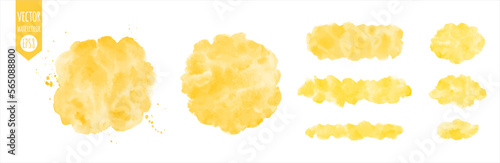 Yellow watercolor vector backgrounds, frames set. Uneven circle, round, rectangle banner shapes, brush stroke, stripe, spot. Watercolour stains, splashes. Painted hand drawn aquarelle graphic elements