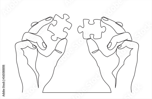 Continuous one line drawing of hands and puzzle. Business matching - connecting puzzle elements.  Puzzle game symbol and iconic business metaphor for problem solving, solution and strategy.