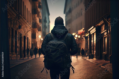 Silhouette of a person in a hood with a backpack walking in the sunset on the city street. Generative AI
