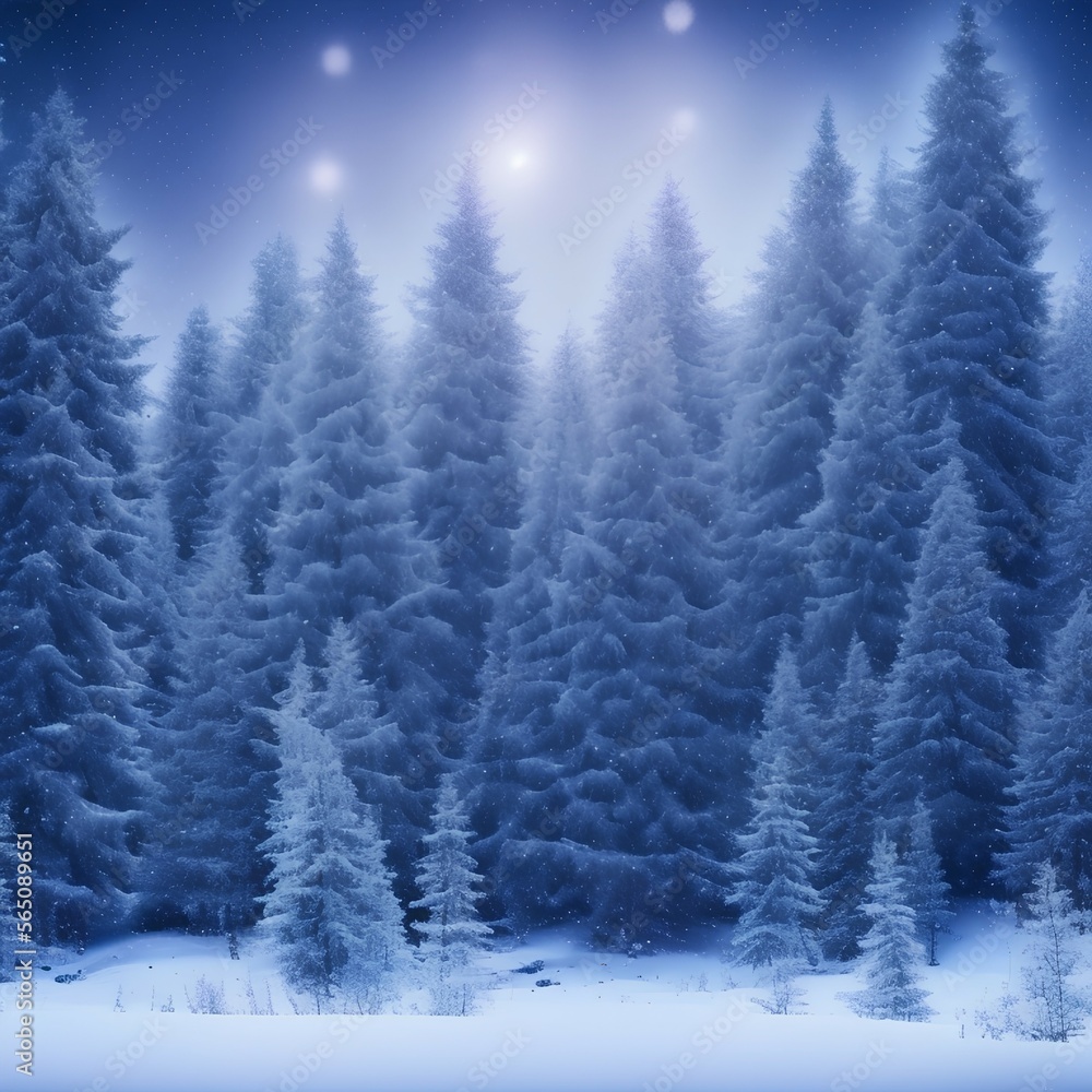 Winter landscape with fir trees, snowflakes and heavy snowfall shining stars in the sky - generative ai Winter landscape with fir trees, snowflakes and heavy snowfall shining stars in the sky - generative ai